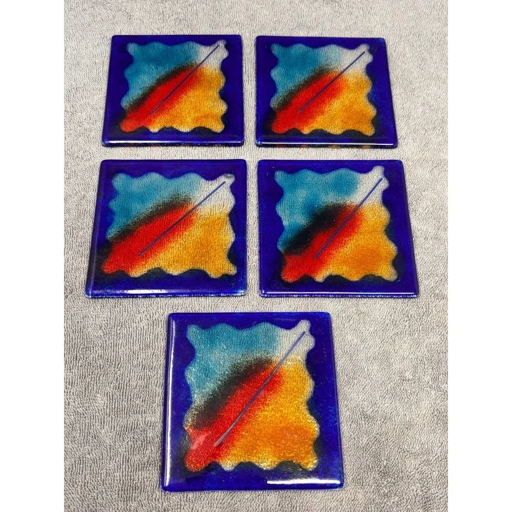 Vintage Studio Art Glass Coasters Set of 5 Blue Abstract Handmade Fused Glass
